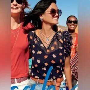 Cabi 5522 Navy Blue Floral Ruffle Sleeve Blouse Top Carer Small